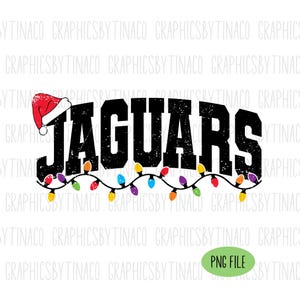 May include: Black "JAGUARS" text with a Santa hat and a string of colorful Christmas lights. The design is on a white background, with the text "PNG FILE" in a green oval.