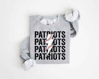May include: Gray sweatshirt with a black graphic of a baseball with a lightning bolt and the word "PATRIOTS" repeated four times.