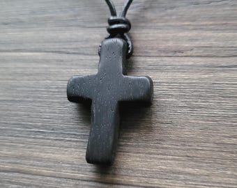 Ancient Oak Wood Small Cross Pendant Necklace 5000-Year-Old Celtic Bog Oak