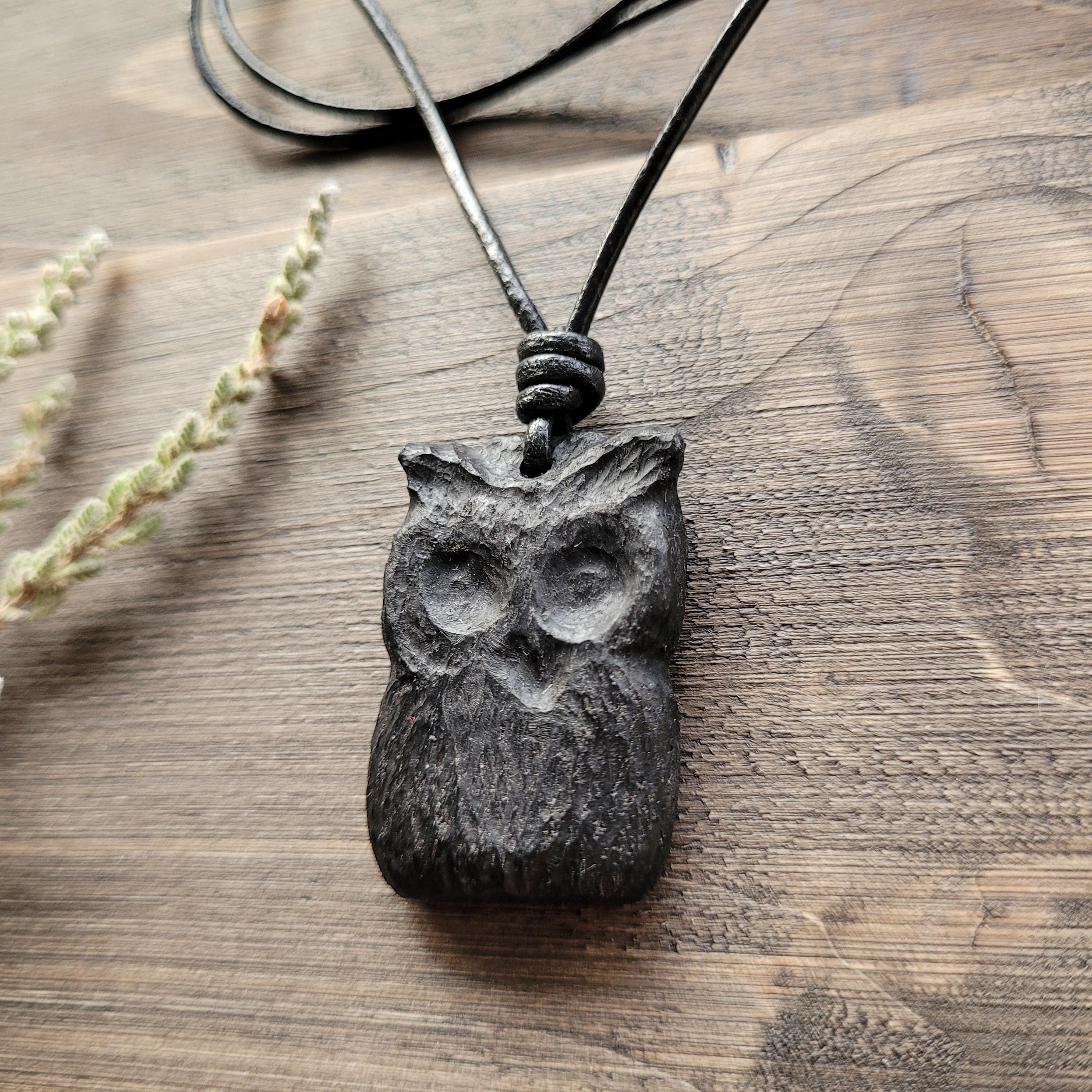 Wooden Owl Pendant Necklace, Hand-carved Irish Bog Oak Wood, Leather Cord