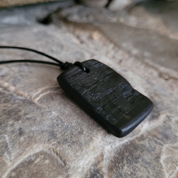 Rectangular Shape Bog Oak Pendant Necklace On A Leather Cord