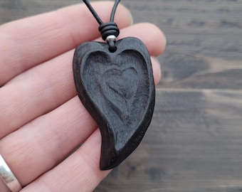 Wooden Heart Pendant Necklace | Unique Carved 5,000-Year-Old Irish Bog Oak on Leather Cord