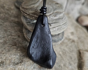 Handcrafted Bog Oak Pendant Necklace With Adjustable Leather Cord, Ancient Wood Jewelry