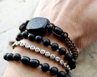 Braided Bog Oak Bead Bracelet With Lava & Wooden Accents Men's Style Irish Jewelry Gifts