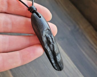 Spiritual Pendulum Necklace with Carved Black Bog Oak Wood Pendant | Bohemian Pagan Wicca Druid