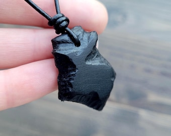 Ancient Irish Bog Oak Necklace, Carved Bogwood Pendant on Adjustable Cord, Artisan Jewelry