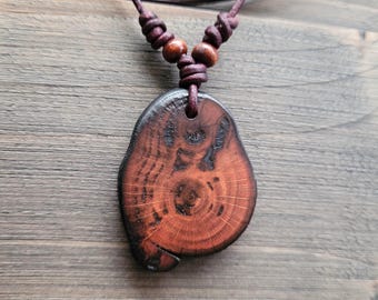 Beech Wood Charm Necklace – Adjustable Leather Cord, Dark Burgundy-Brown, Bohemian Pagan Druid Style