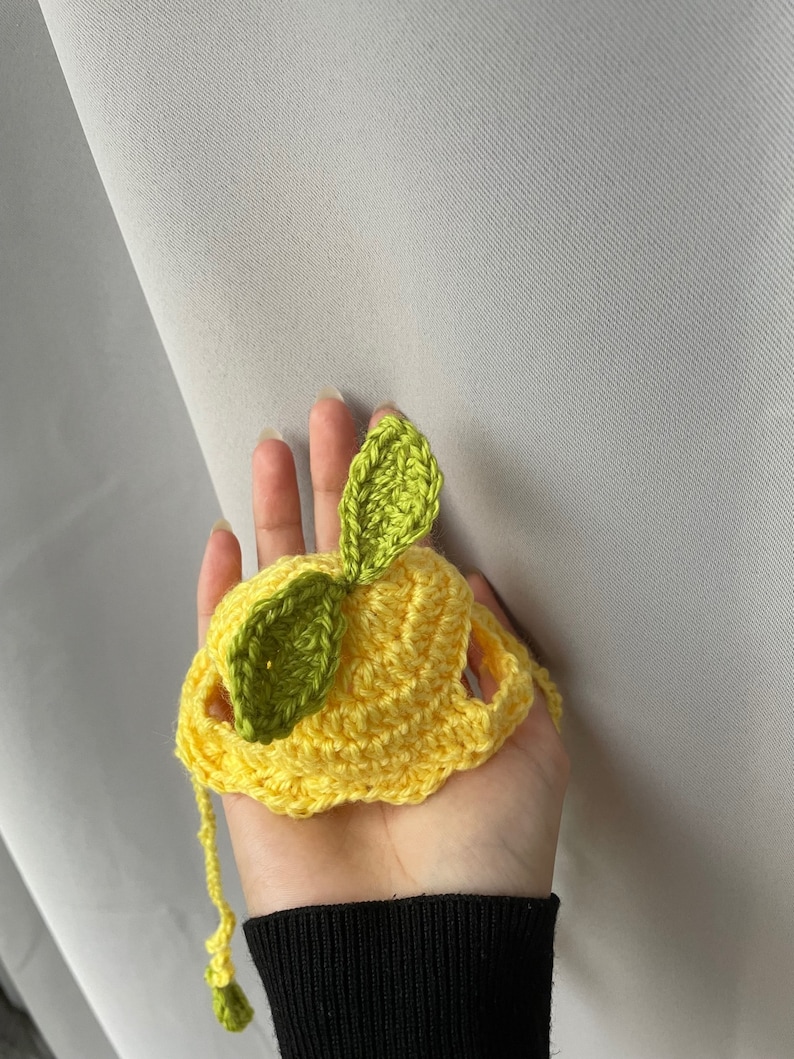 May include: A yellow crocheted lemon hat with green leaves. The hat has a long tail.