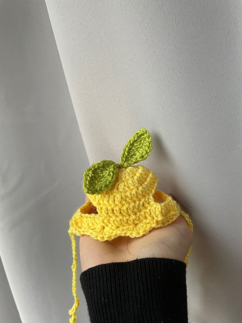 May include: A yellow crocheted lemon-shaped pet harness with green leaves.