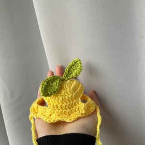 May include: A yellow crocheted lemon hat with green leaves. The hat has a strap that ties under the chin.