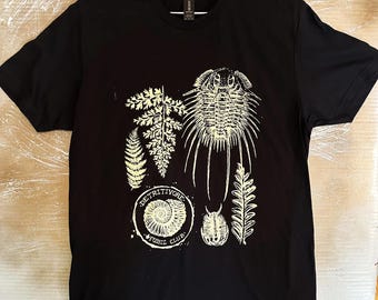 Hand Printed Fossil Club T-Shirt: Metallic Gold Ink, Trilobite Fern Design