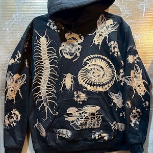 insect bug & mushroom hooded sweatshirt - black gildan unisex - detritus logo - all over print - hand printed -  made to order