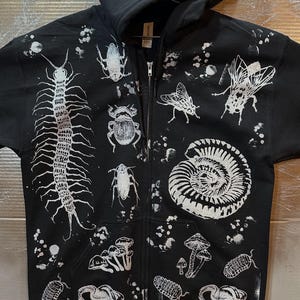 insect bug & mushroom hooded zipper sweatshirt - black gildan unisex - detritus logo - all over print - hand printed -  made to order