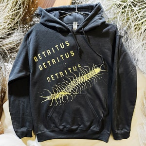 centipede hooded sweatshirt - black gildan unisex - detritus logo - front and back print - made to order