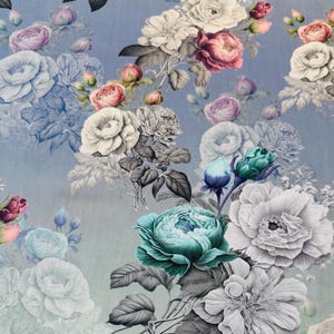 May include: A floral design with roses in pink, white, and teal hues, set against a blue gradient background. The pattern includes detailed leaves and buds, creating a vintage aesthetic. Ideal for fabric or wallpaper.