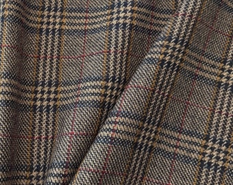 Glencheck tweed in beige, donkerblauw, bordeauxrood en geel – hoogwaardige, zuivere scheerwol voor blazers, jassen en mantels – gemaakt in Duitsland