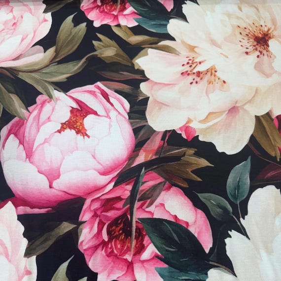 Viskosejersey mit großen Blumen in Rosa, Creme, Schwarz und Grün – elastischer Jersey Stoff für Kleider und Blusen – weich & nachhaltig