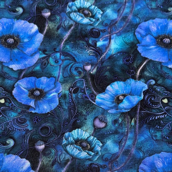 Sweat Stoff Jersey mit Blumen Blau – French Terry leicht angeraut