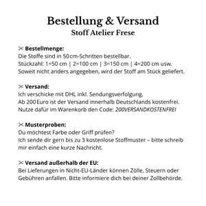 May include: White background with black text detailing order and shipping information from Stoff Atelier Frese. Includes details on fabric ordering in 50 cm increments, shipping via DHL, and free shipping over 200 euros within Germany. Also mentions free fabric samples.