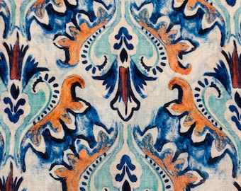 leichter Baumwollstoff mit Majolika-Muster in Creme, Blau, Türkis und Terrakotta
