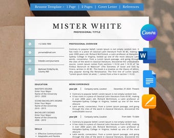 Puede incluir: Una plantilla de currículum con un esquema de color azul y blanco. La plantilla incluye secciones para la descripción profesional, la experiencia laboral, la educación y las habilidades. El texto "Mister White" está en la parte superior de la página.