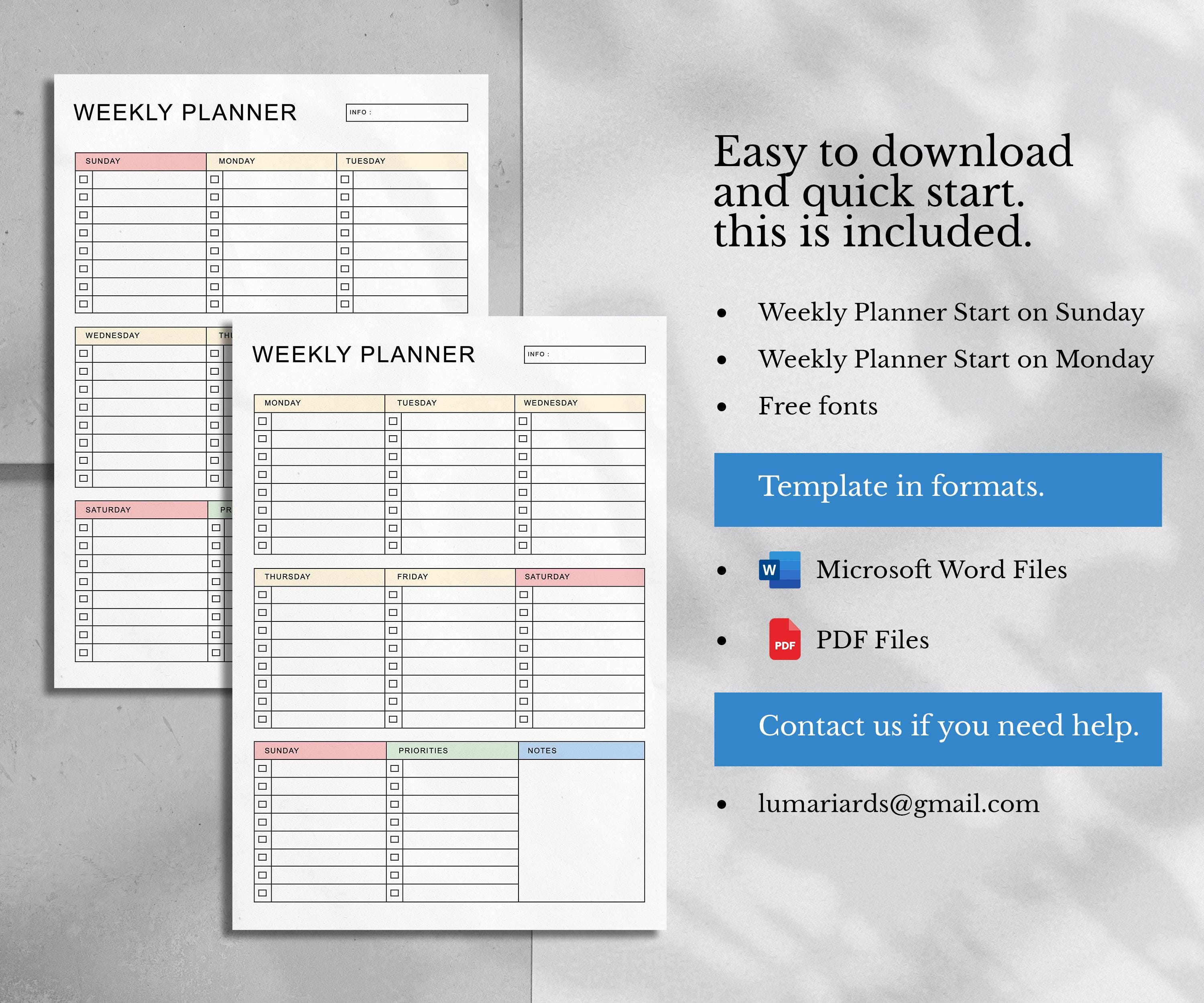 Editable Weekly Planner Template: Minimalist Design (DOCX,PDF) | Monday ...