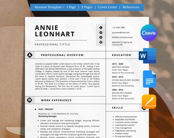 Puede incluir: Una plantilla de currículum con secciones para la descripción profesional, la experiencia laboral, la educación y las habilidades. El currículum es para Annie Leonhart, quien es gerente de marketing. El currículum está formateado en un estilo moderno y limpio con un esquema de color blanco y negro.