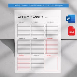May include: A white weekly planner with a blue header stating "Weekly Planner > Editable Ms Word (.docx) | Printable (.pdf)". The planner features sections for each day, priorities, and notes. Includes a Word and PDF icon.