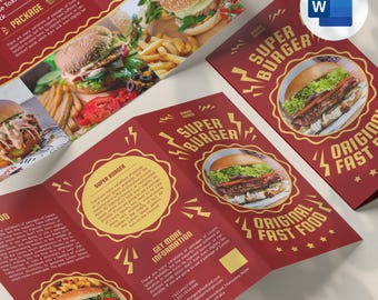 Plantilla de folleto tríptico del menú Super Burger para Microsoft Word (DOCX), editable, doble cara