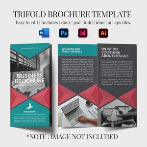 May include: A trifold brochure template with a teal, red, and white color scheme. The brochure design includes text and icons for editing software. The brochure's text includes the words "Business Brochure" and "Paper Birds".
