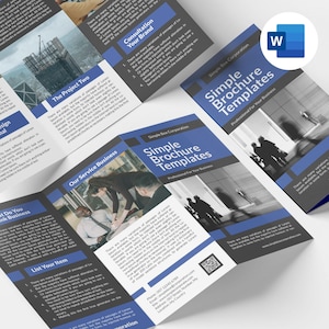 Könnte beinhalten: Dreifach gefaltete Broschürenvorlagen in Blau und Weiß mit Text und Bildern. Die Broschüren zeigen das Microsoft Word-Logo und Sätze wie "Simple Brochure Templates" und "Professional For Your Business".