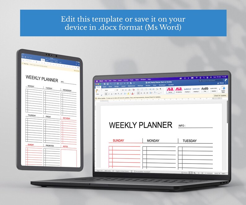 Editable Weekly Planner Template: Minimalist Design (DOCX,PDF) | Monday ...