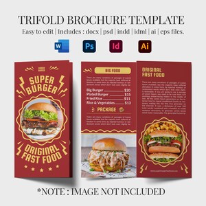 May include: A red trifold brochure template with the text "TRIFOLD BROCHURE TEMPLATE" and "SUPER BURGER" and "ORIGINAL FAST FOOD". The brochure includes editable files and a menu with burger prices.