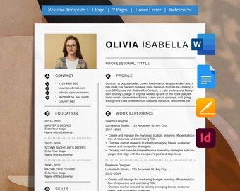 Puede incluir: Una plantilla de currículum vitae con el nombre "OLIVIA ISABELLA" en la parte superior. El currículum incluye secciones para información de contacto, educación, experiencia laboral y habilidades. Una foto de una persona con gafas está en la esquina superior izquierda. La plantilla tiene un diseño limpio y profesional.