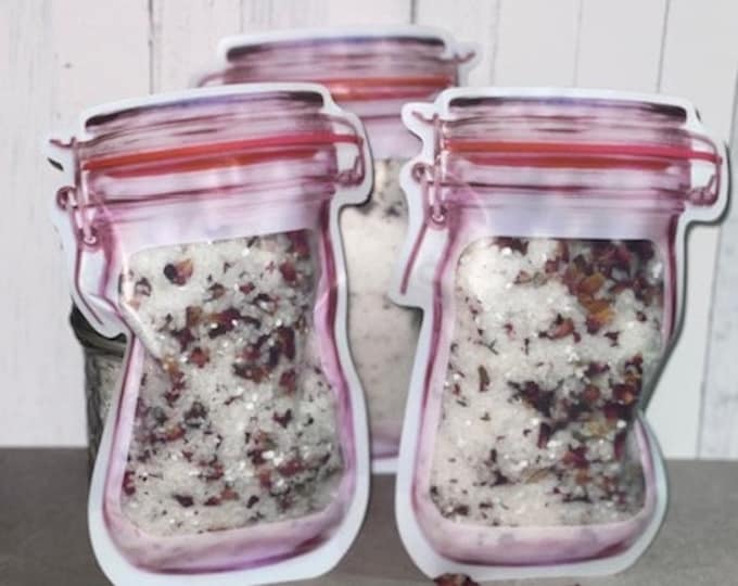 Bath Salts in Mason Jar Zip Pouch Foot Soak Gifts For Her Spa Salt Bath Soak Botanical Bath Soak with Essential Oils Rose Petals Epsom Salts