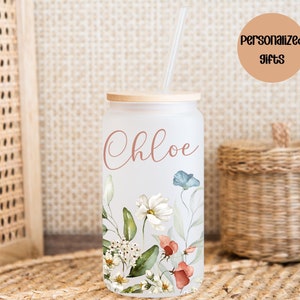 Personalized WildFlower Coffee Cup With Name, Mother&#39;s Day Gift Glass Flower Tumbler, Bridesmaid Proposal Gift for Her, Party Favor Birthday