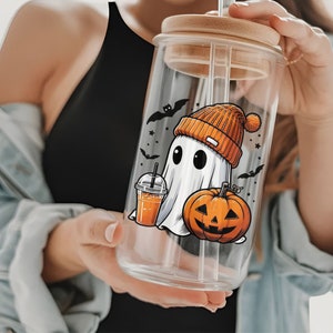 Personalized Halloween Ghost Glass Tumbler, Cute Ghost Coffee Cup, Cute Fall Tumbler, Spooky Season Iced Coffee Glass, Gift For Halloween