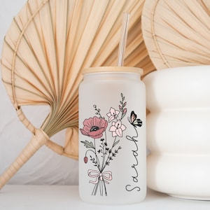 Personalized Birth Flower Tumbler, Gifts for Her, Mother&#39;s Day Gift, Bridesmaid Proposal Gift, Graduation Gift, Custom Glass Coffee Cup