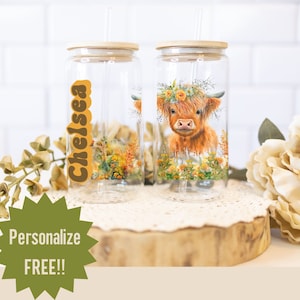 Floral Cow Glass Cup Personalized Farm Life Cow Gift Cow Glass Tumbler Highland Cow Cup With Lid and Straw