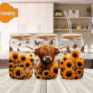 Floral Cow Glass Cup Personalized Farm Life Cow Gift Cow Glass Tumbler Highland Cow Cup With Lid and Straw