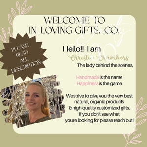 May include: An advertisement for "In Loving Gifts, Co." features a woman's photo and text. The text includes "Handmade is the name, Happiness is the game." The ad promotes natural, organic products and high-quality customized gifts.