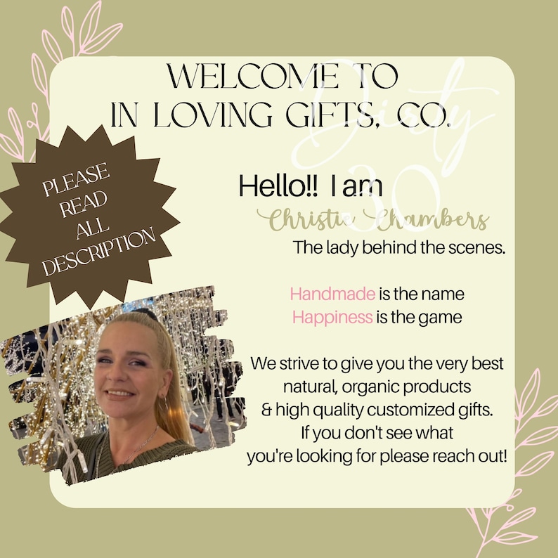 May include: An advertisement for "In Loving Gifts, Co." features a woman's photo and text. The text includes "Handmade is the name, Happiness is the game." The ad promotes natural, organic products and high-quality customized gifts.