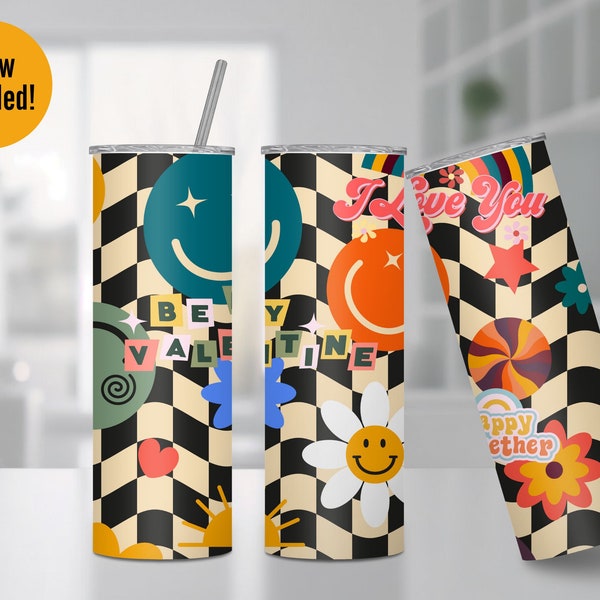 Retro Hippie Checkerboard Smile Happy Faces & Flowers Personalized 20oz Skinny Tumbler Lid and Straw Checkered Daisy Skinny Steel Tumbler