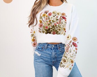Vintage Botanical Pressed Flowers Sweatshirt Cottagecore Watercolor Floral Sweater Fall Sleeve Print Nature Pullover Flower Lover Shirt