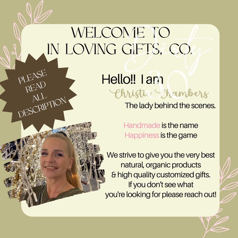 May include: Welcome to In Loving Gifts, Co. A woman smiles in front of a sparkly background. The text reads "Hello!! I am Christi Chambers The lady behind the scenes. Handmade is the name Happiness is the game We strive to give you the very best natural, organic products & high quality customized gifts. If you don't see what you're looking for please reach out!"