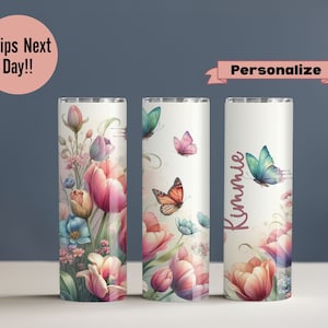Personalized Spring Tulips Butterflies Tulips flowers 20oz tumbler Spring flowers cup, Gardeners lovers gift tulips gift cup