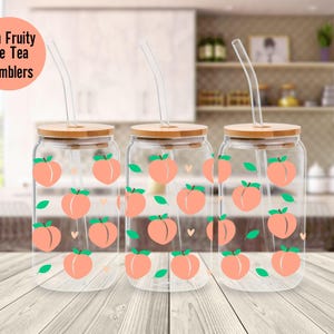Just Peachy Tumbler, Peach Glass Can, Cute Fruit Glass Cup, Glass Cup Bamboo Lid, Bridal Party Gifts, Trendy Iced Coffee Beer Can Glass