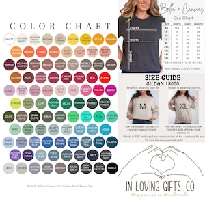 May include: Color chart with various shades of fabric, including white, yellow, and blue. A size chart for Bella + Canvas and Gildan 18000 shirts is also displayed, with measurements in inches. The image also includes the text "In Loving Gifts. Co" and "Happiness is Handmade."