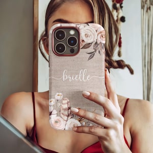 Personalized Floral I iPhone Case, Custom Name Flowers Case, Luxury Phone Case, Roses Burlap iPhone 16, 15, 14, 13, 12 Pro Max Samsung