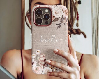 Personalized Floral I iPhone Case, Custom Name Flowers Case, Luxury Phone Case, Roses Burlap iPhone 16, 15, 14, 13, 12 Pro Max Samsung
